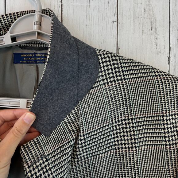 VTG 80's Brooks Brothers Black Wool Houndstooth Windowpane Blazer Size 46 Long - Picture 9 of 14